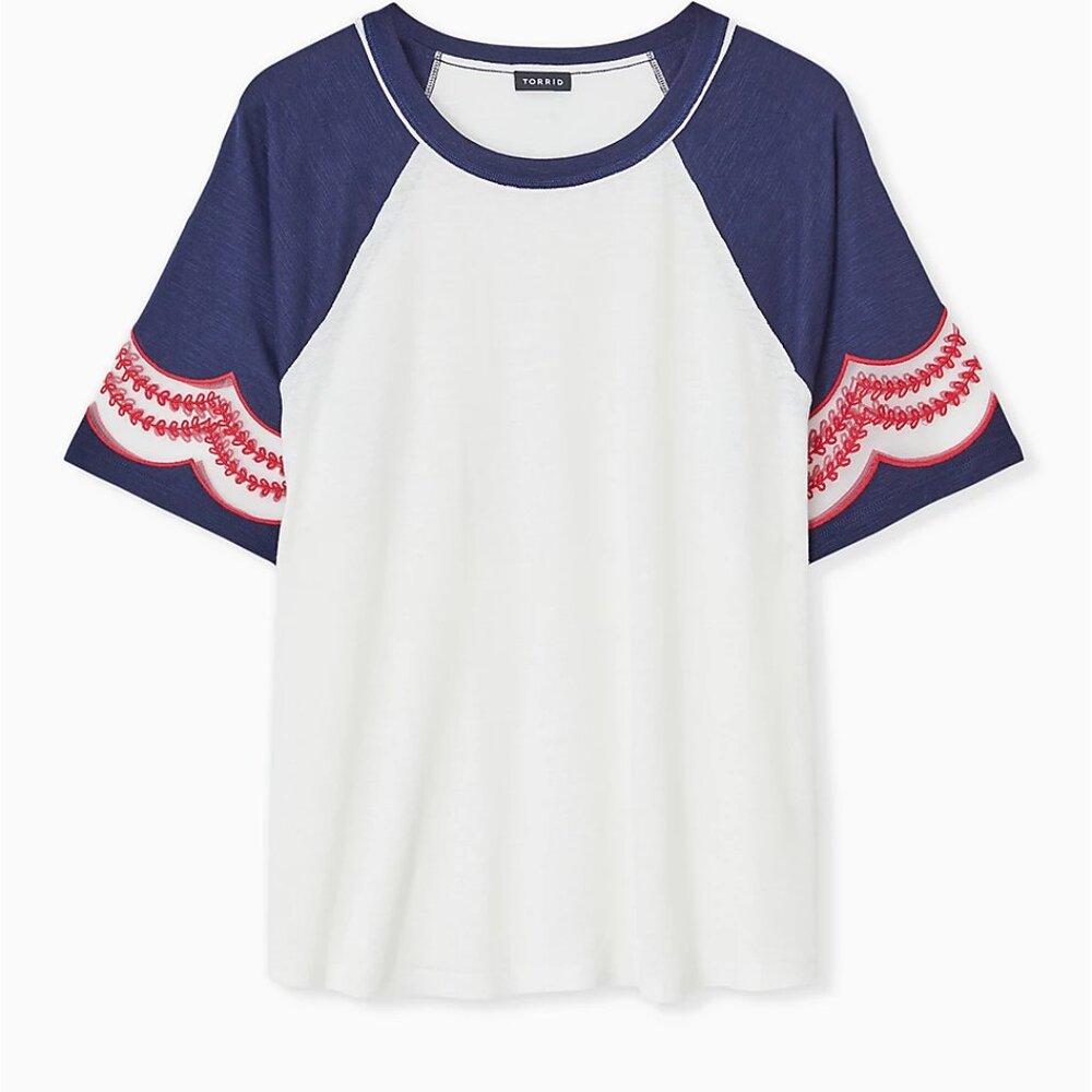 TORRID IVORY NAVY SLUB EMBROIDERED MIDI RAGLAN TEE NWT sz 2